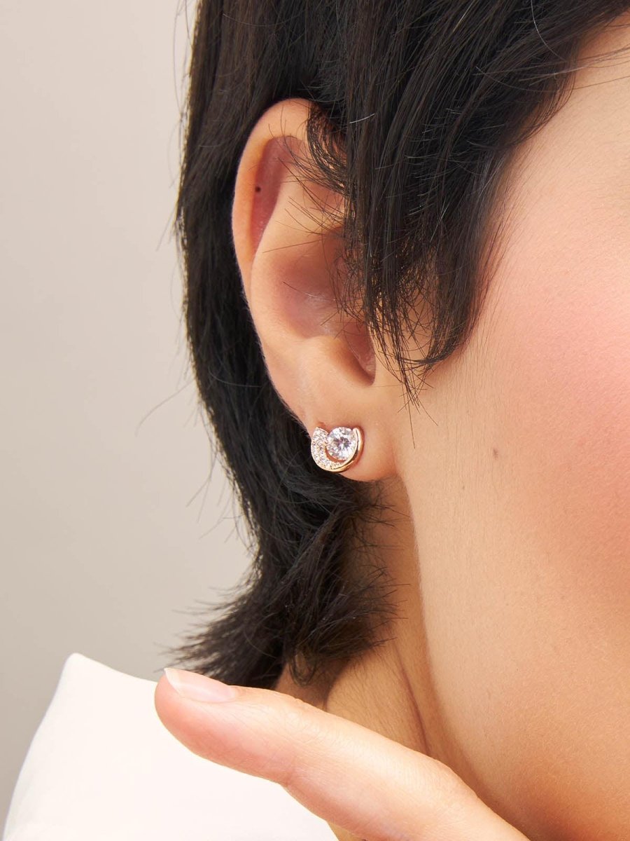 Beruzu - Korean Style Half-Moon Stud Earrings in Gold and Silver Finish with Crystal Embellishments - Beruzu Fashion