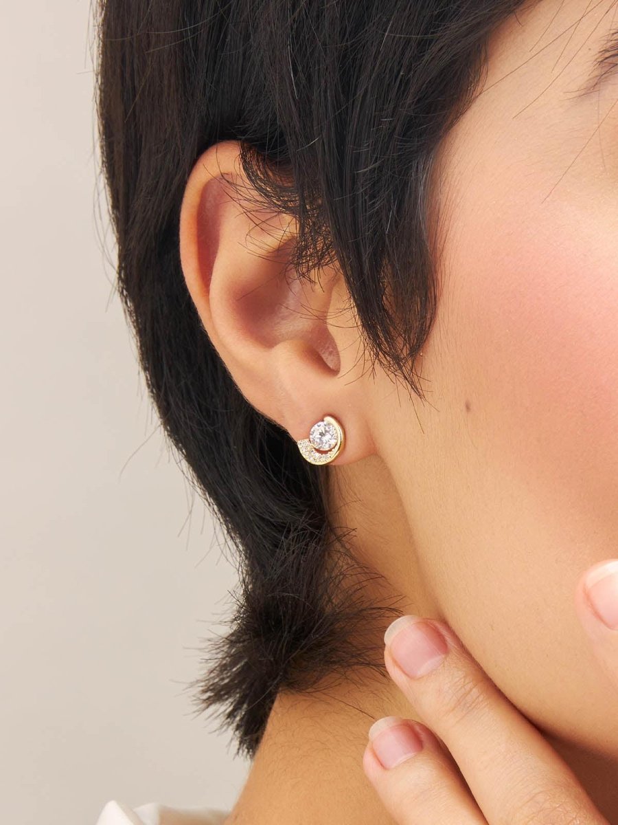 Beruzu - Korean Style Half-Moon Stud Earrings in Gold and Silver Finish with Crystal Embellishments - Beruzu Fashion