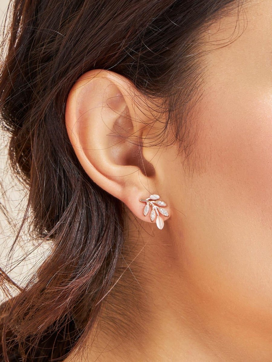 Beruzu - Korean Style Leaf Cluster Stud Earrings in Gold and Rose Gold Finish with Crystal and Enamel Accents - Beruzu Fashion