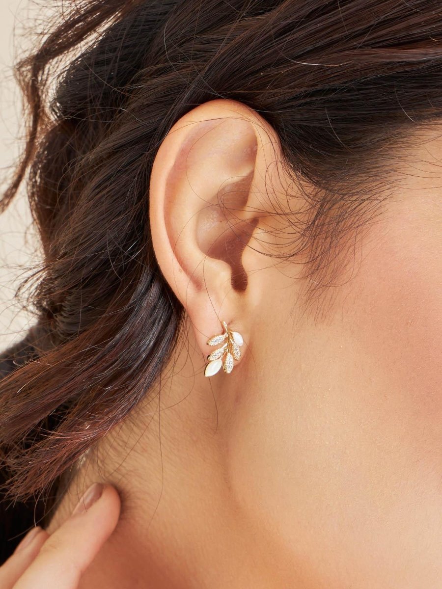 Beruzu - Korean Style Leaf Cluster Stud Earrings in Gold and Rose Gold Finish with Crystal and Enamel Accents - Beruzu Fashion