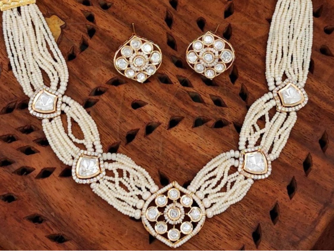 Beruzu - Kundan Jewellery Design High Gold Polish Necklace Set - Beruzu