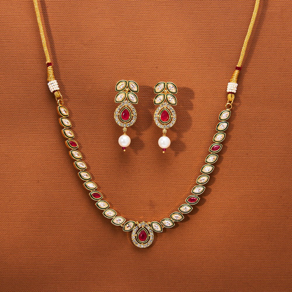 Beruzu - Kundan Necklace Set with Ruby Accents and Pearl Drops - Beruzu