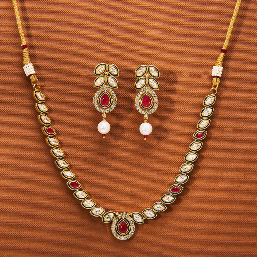 Beruzu - Kundan Necklace Set with Ruby Accents and Pearl Drops - Beruzu