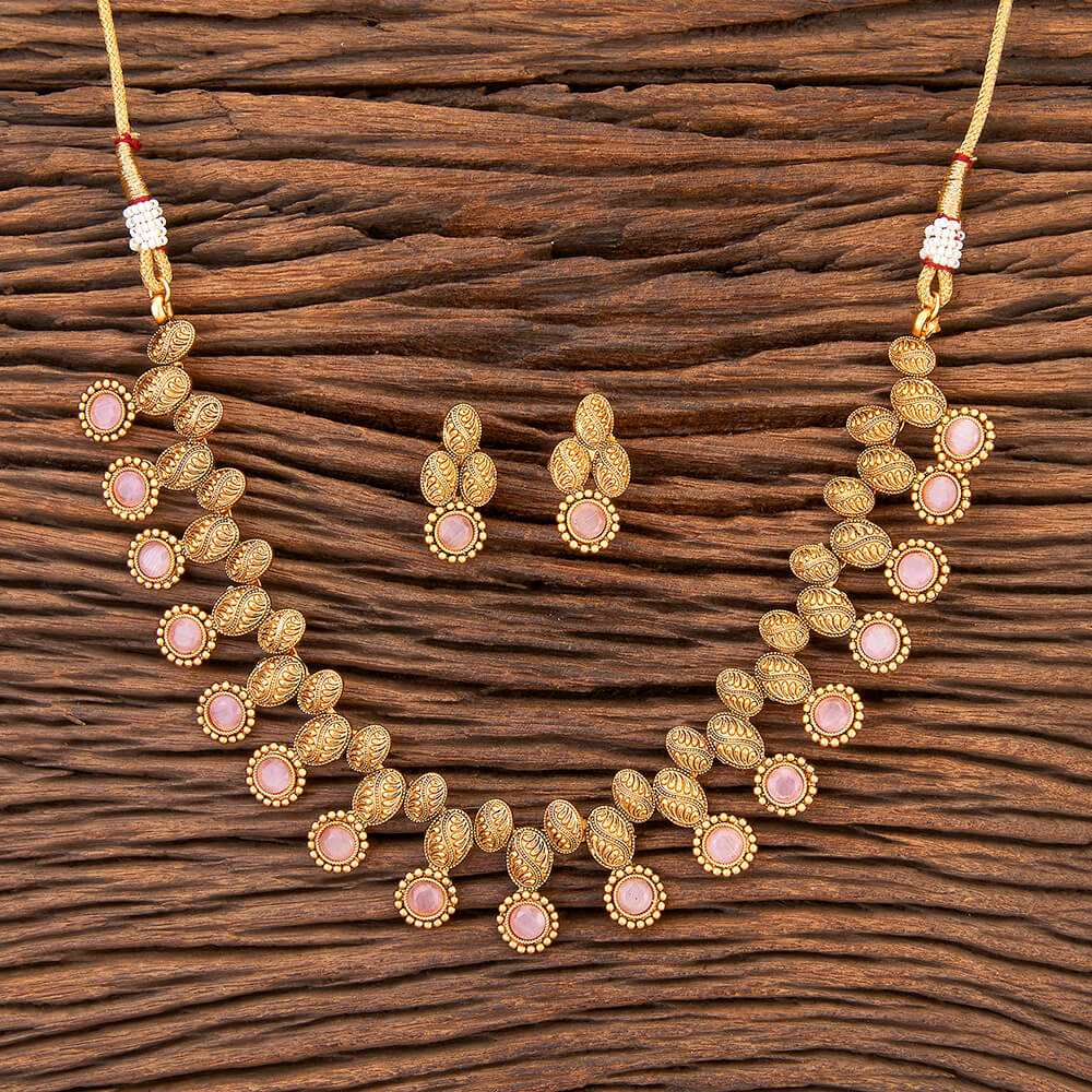 Beruzu - Leaf Motifs and Pink Stone Embellishments Necklace Set - Beruzu