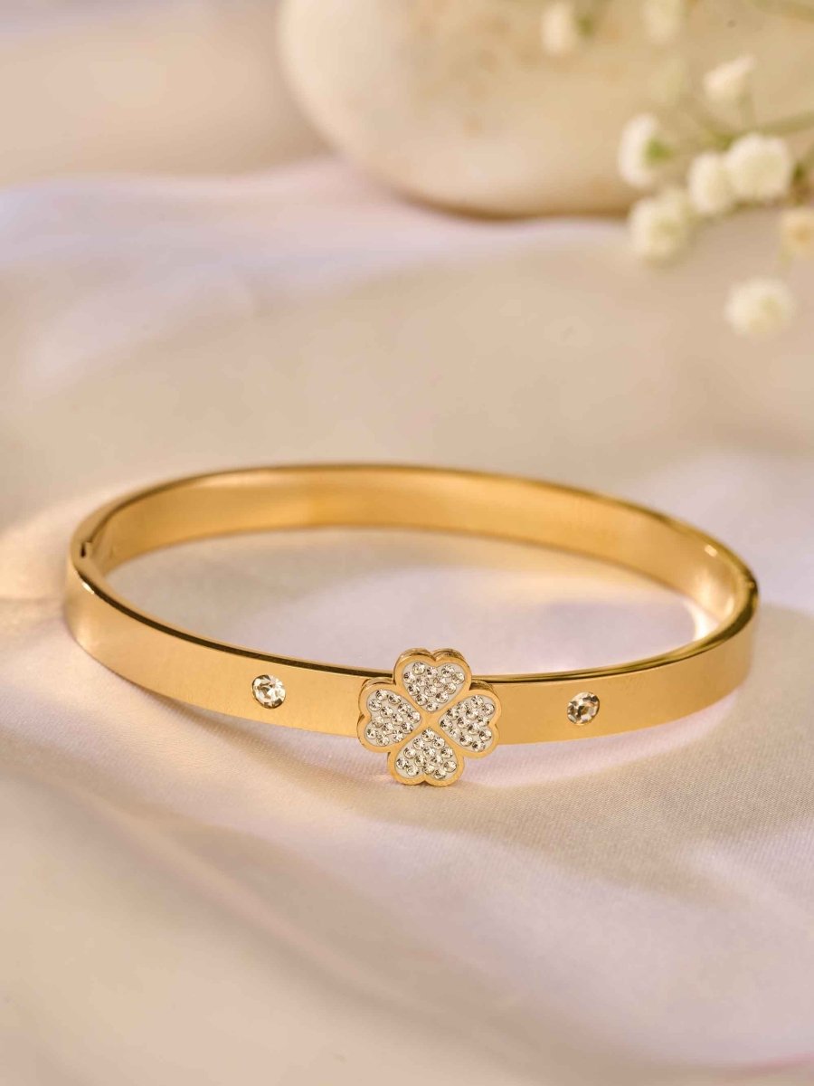 Beruzu Lucky Clover Gold Bangle Bracelet Crystal Accents