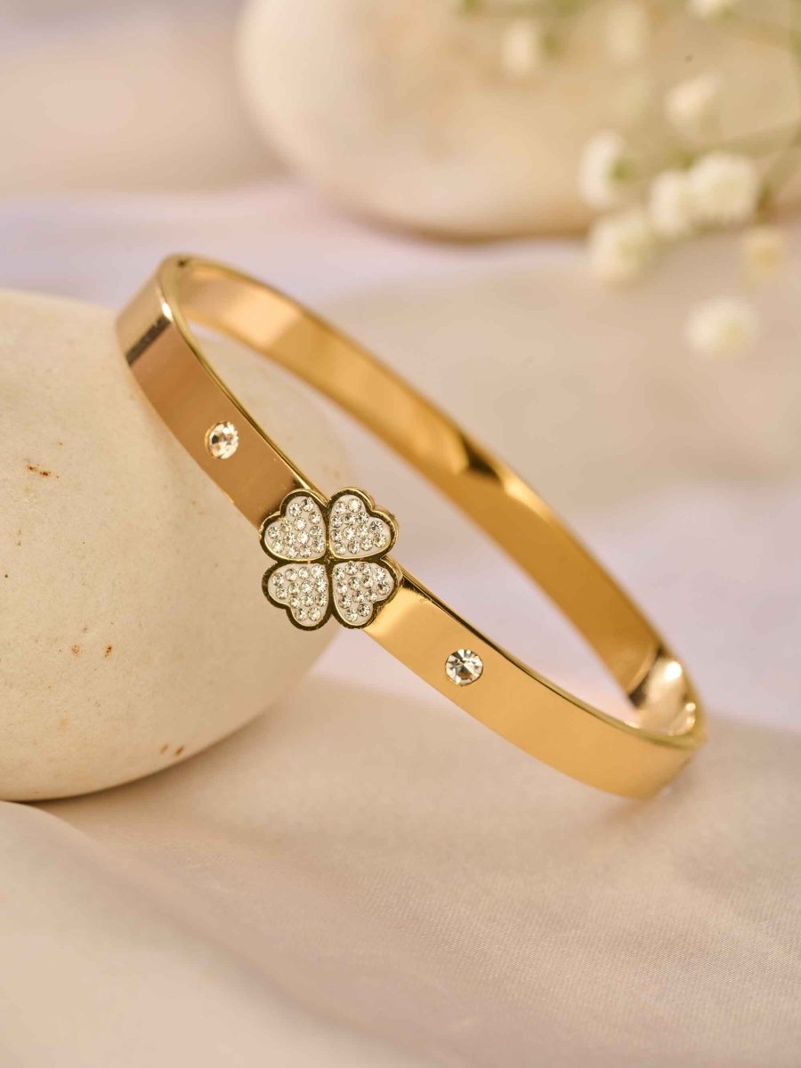 Beruzu Lucky Clover Gold Bangle Bracelet Crystal Accents