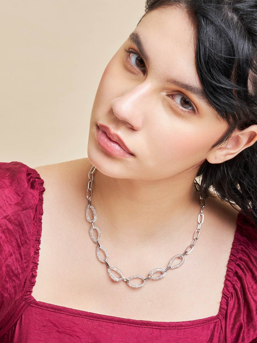 Beruzu - Luminous Crystal Cascade Necklace with Silver Oval Link Chain - Beruzu Fashion