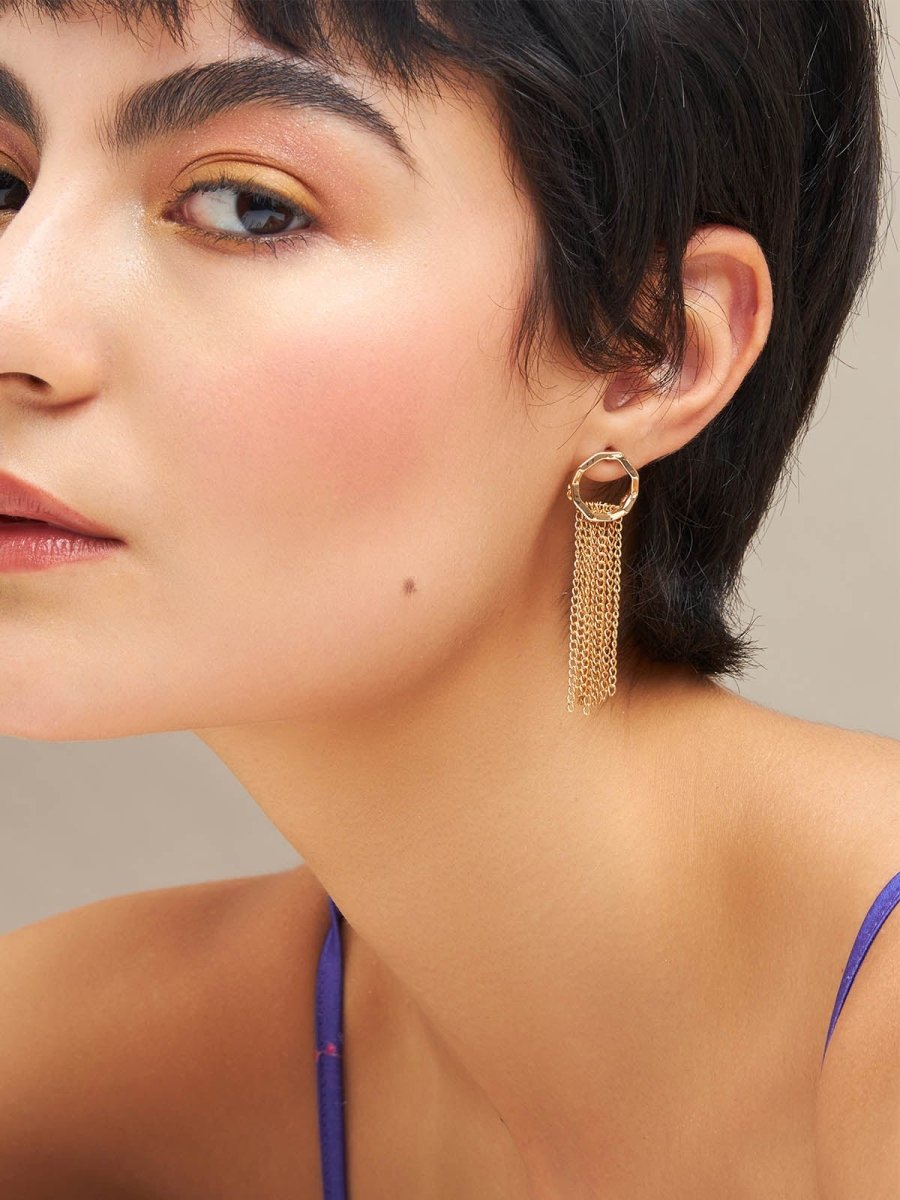 Beruzu - Luxurious Gold Chain Cascade Earrings with Designed Hoop - Beruzu Fashion