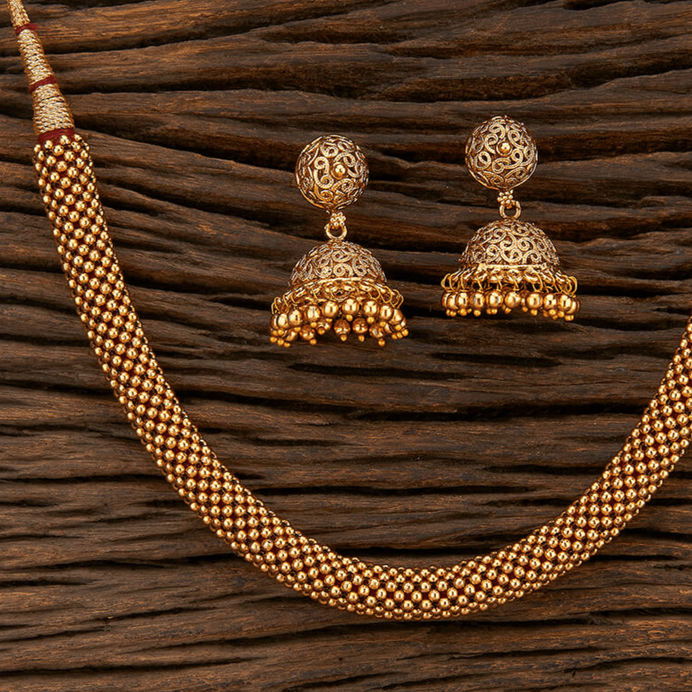 Beruzu - Majestic Gold Beaded Necklace Set with Intricately Designed Jhumka Earrings - Beruzu