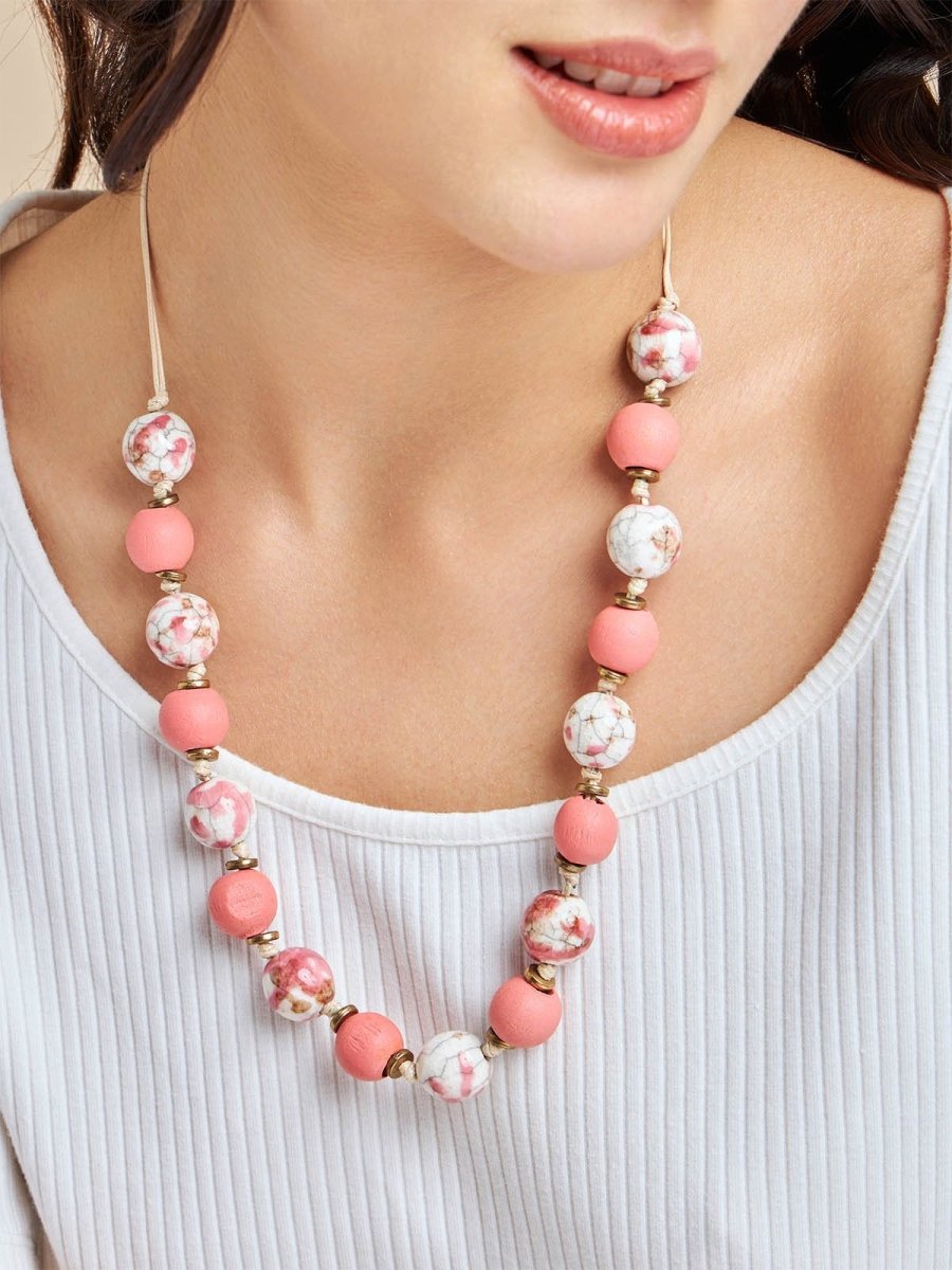 Beruzu - Marble Glow Wooden Bead Necklace with Pink and Gold Accents - Beruzu Fashion