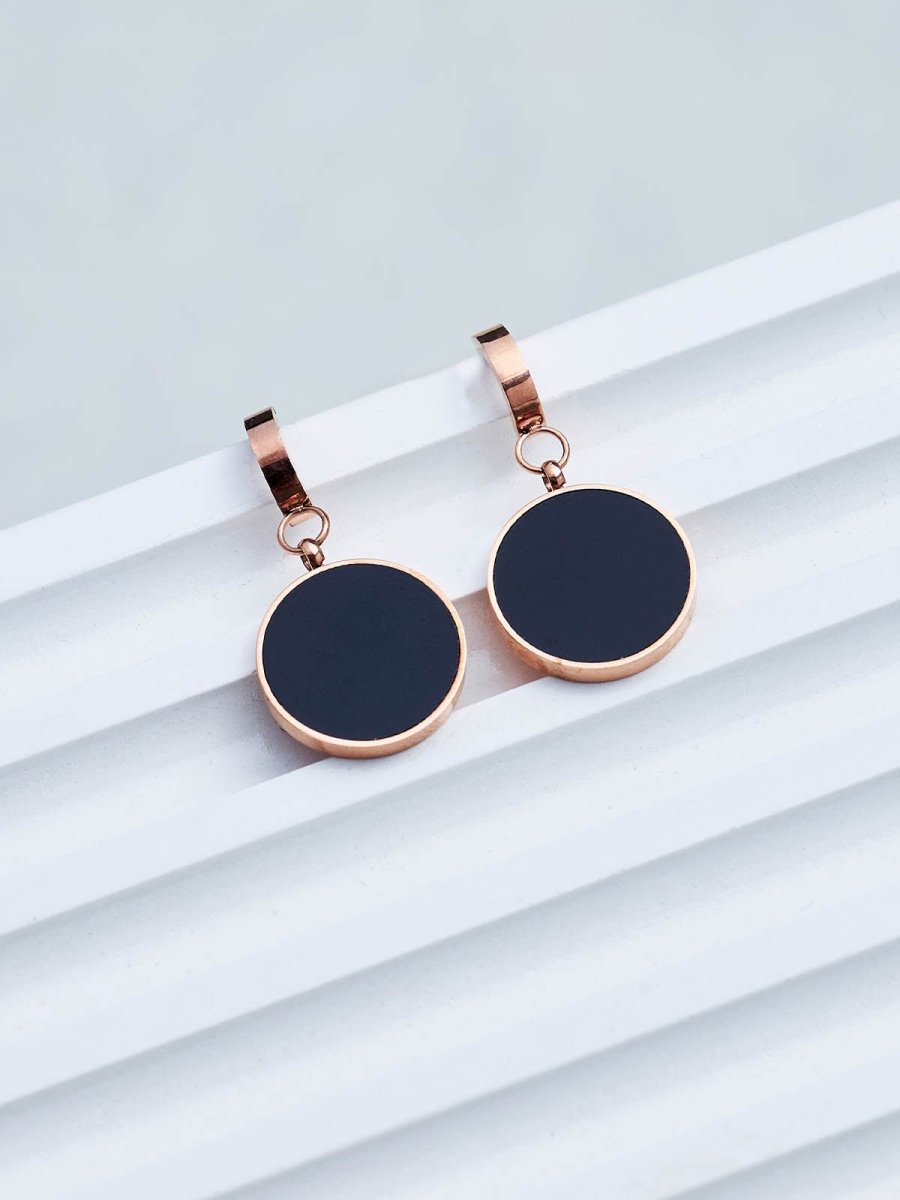 Beruzu - Modern Rose Gold Earrings with Black Enamel Pendant