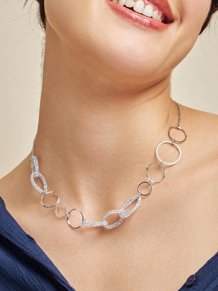 Beruzu - Modern Silver Hoop Necklace with Select Crystal Mesh Accents - Beruzu Fashion