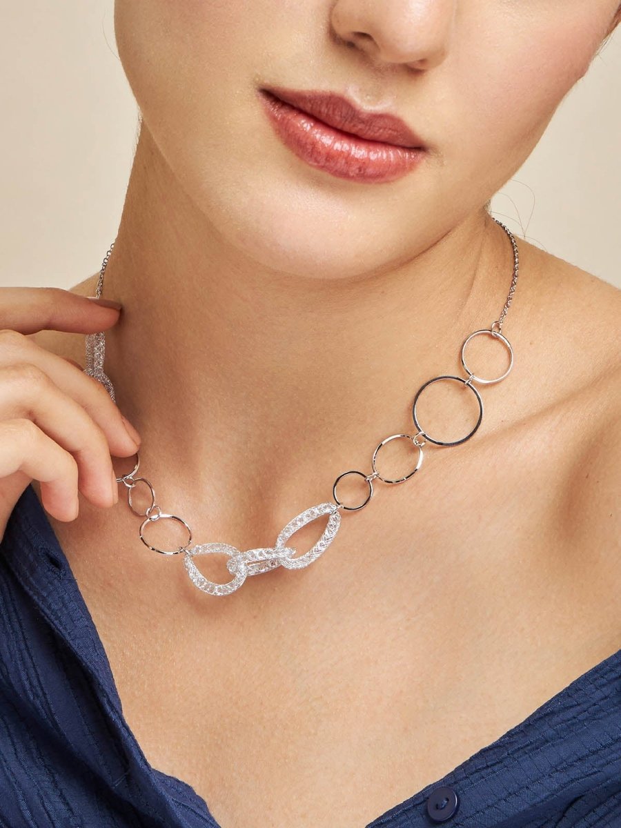 Beruzu - Modern Silver Hoop Necklace with Select Crystal Mesh Accents - Beruzu Fashion