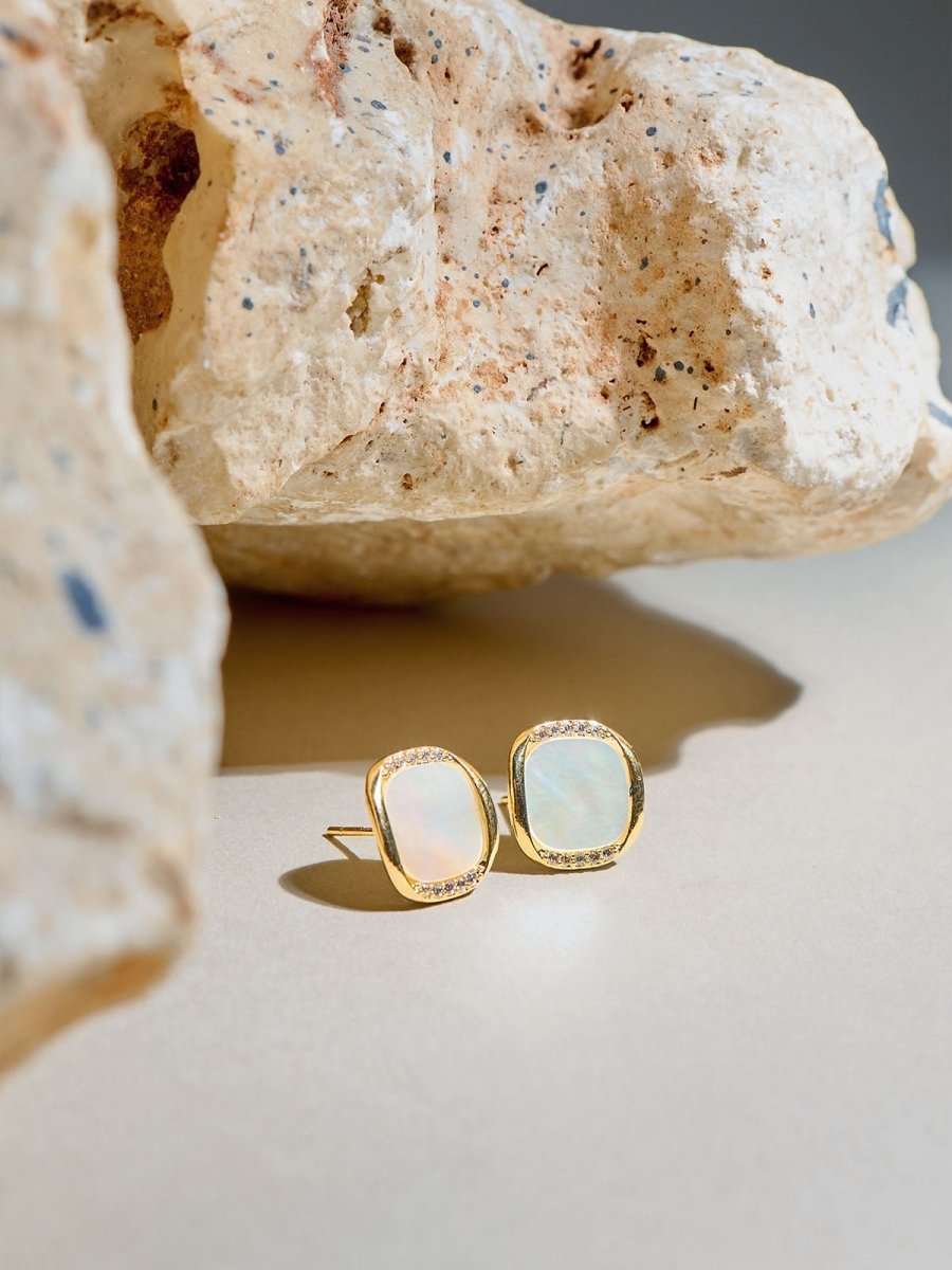 Beruzu - Modern Square Stud Earrings in Gold and Rose Gold with Crystal and Enamel Accents