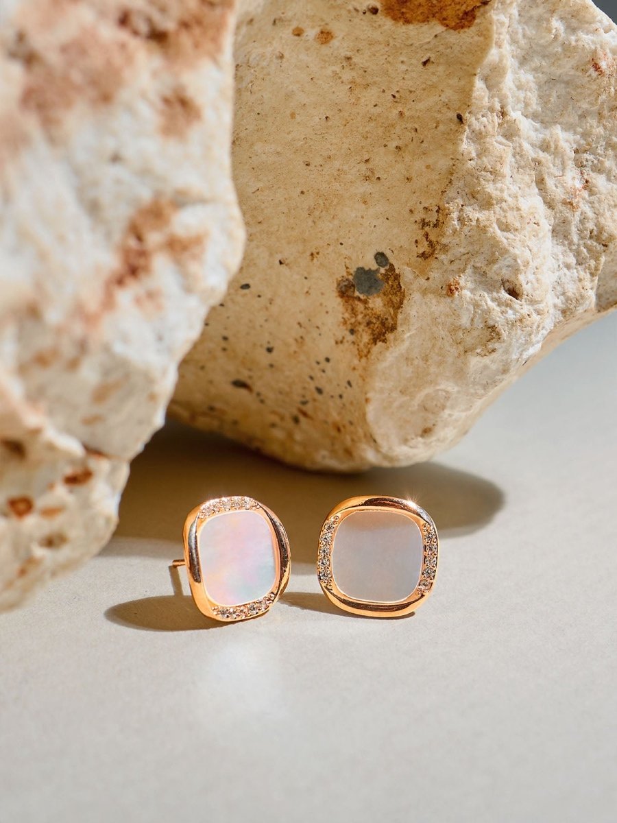 Beruzu - Modern Square Stud Earrings in Gold and Rose Gold with Crystal and Enamel Accents