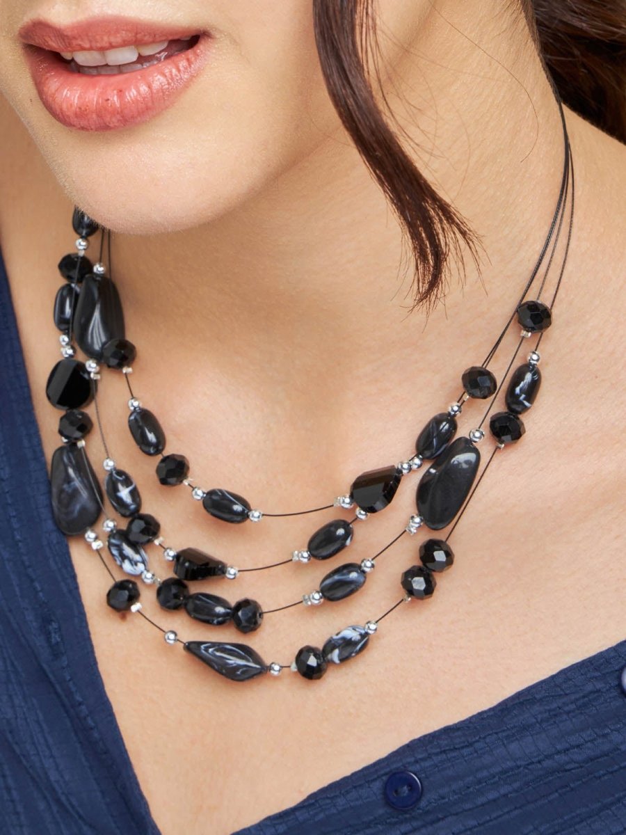 Beruzu - Multi-Strand Black String Necklace with Varied Black Stone Shapes