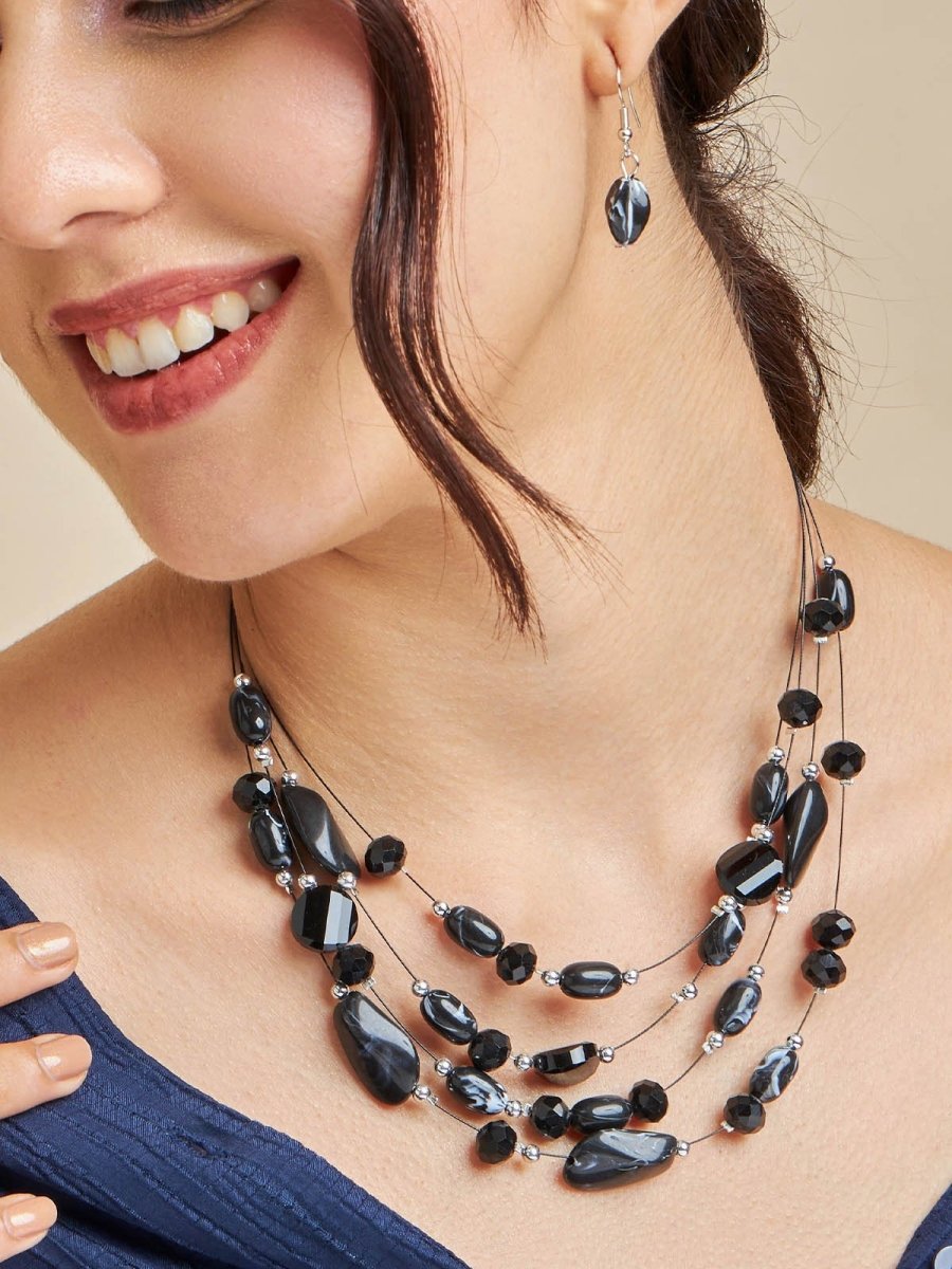 Beruzu - Multi-Strand Black String Necklace with Varied Black Stone Shapes