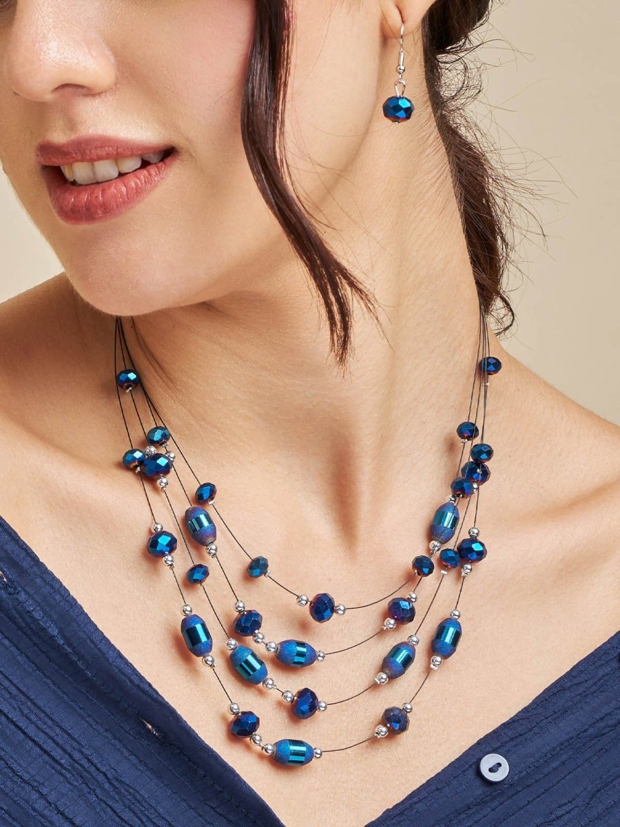 Beruzu - Multi-Strand Necklace with Blue Beads and Silver Accents