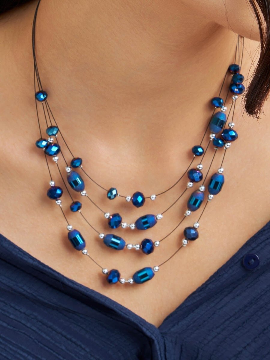 Beruzu - Multi-Strand Necklace with Blue Beads and Silver Accents