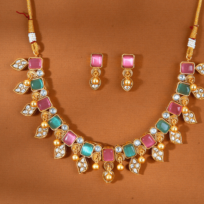 Beruzu - Multicolored Gemstone - Encrusted Necklace Set with Kundan Leaf Motifs with Earrings - Beruzu