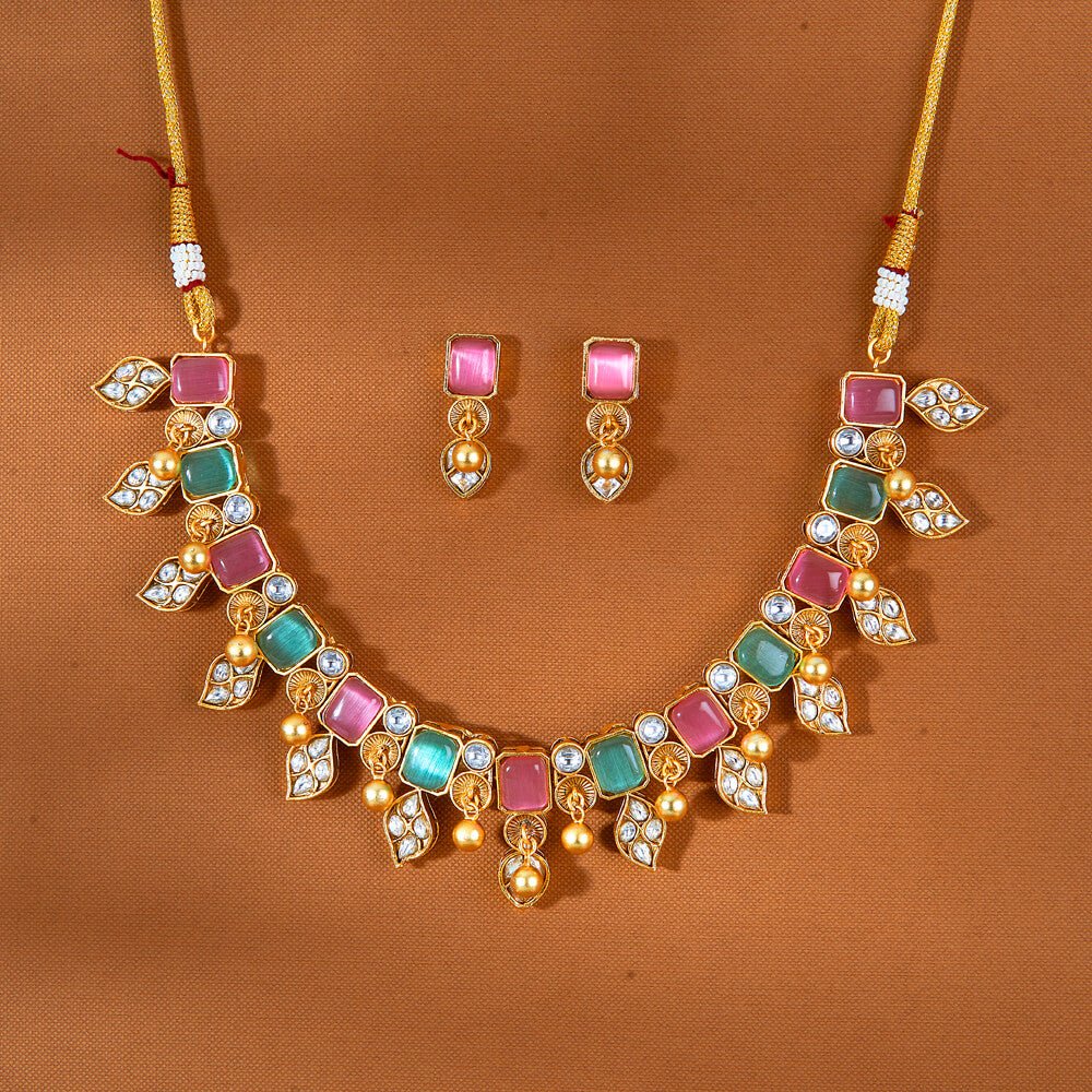 Beruzu - Multicolored Gemstone - Encrusted Necklace Set with Kundan Leaf Motifs with Earrings - Beruzu