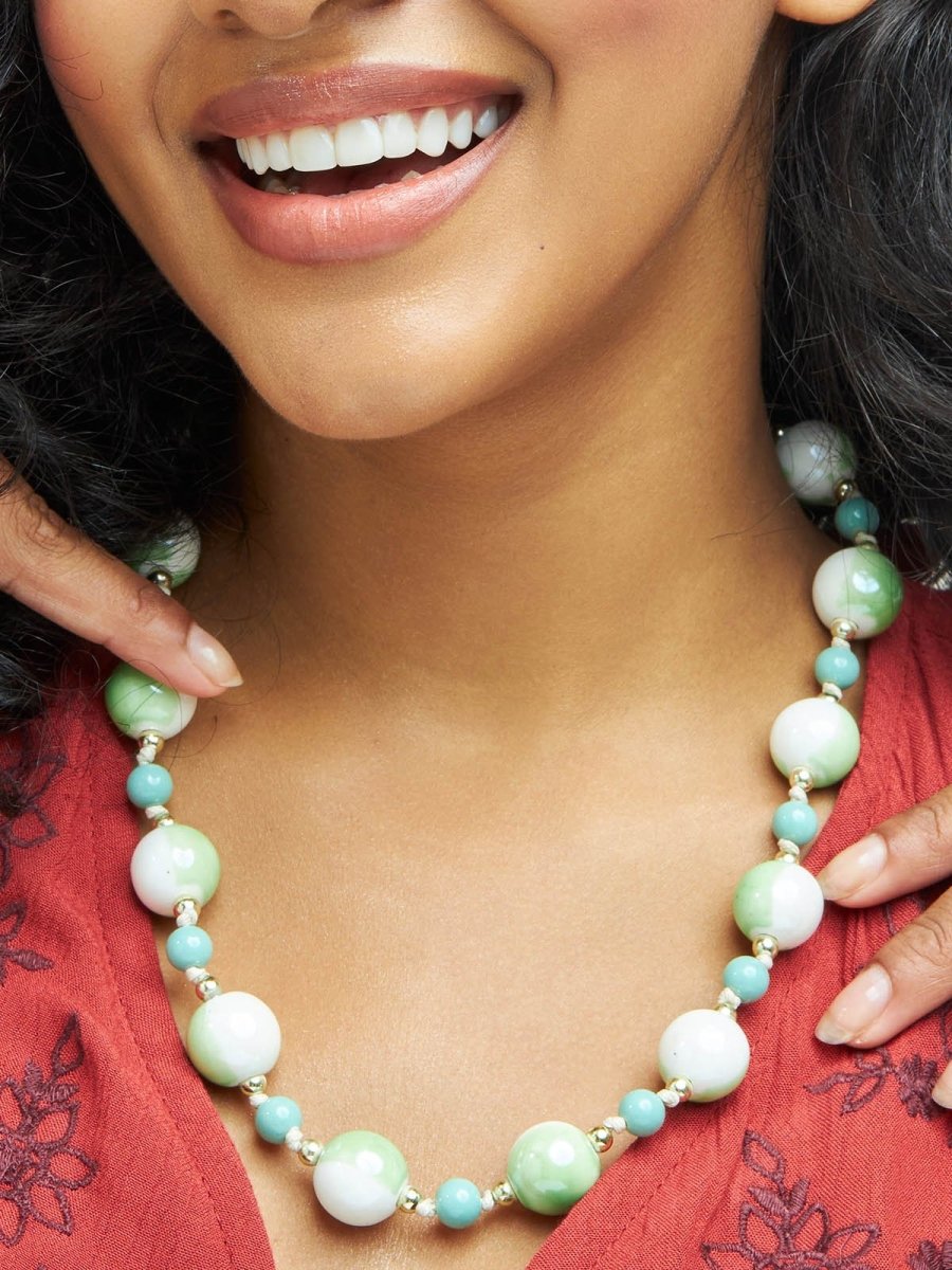 Beruzu - Oceanic Fusion Beaded Necklace with White and Green Accents - Beruzu Fashion