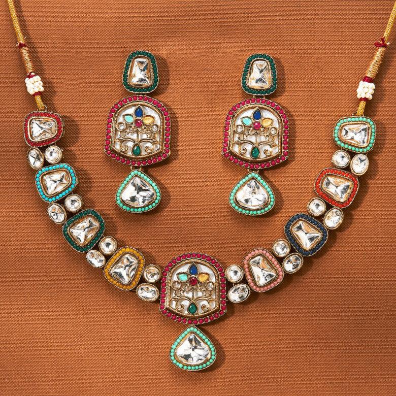 Beruzu - Opulent Multicolored Kundan Polki Necklace Set with Regal Enamel Accents - Beruzu