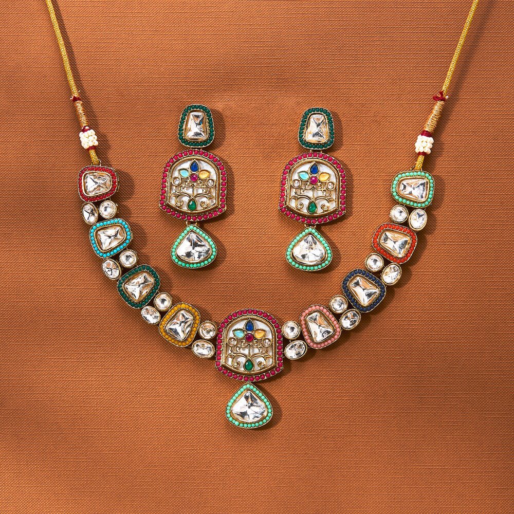 Beruzu - Opulent Multicolored Kundan Polki Necklace Set with Regal Enamel Accents - Beruzu