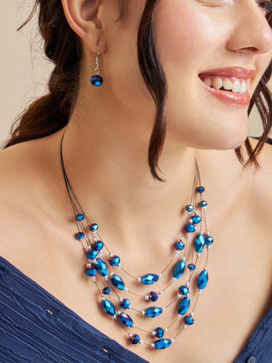 Beruzu - Organized Gradient Blue and Silver Bead Multi-Strand Necklace