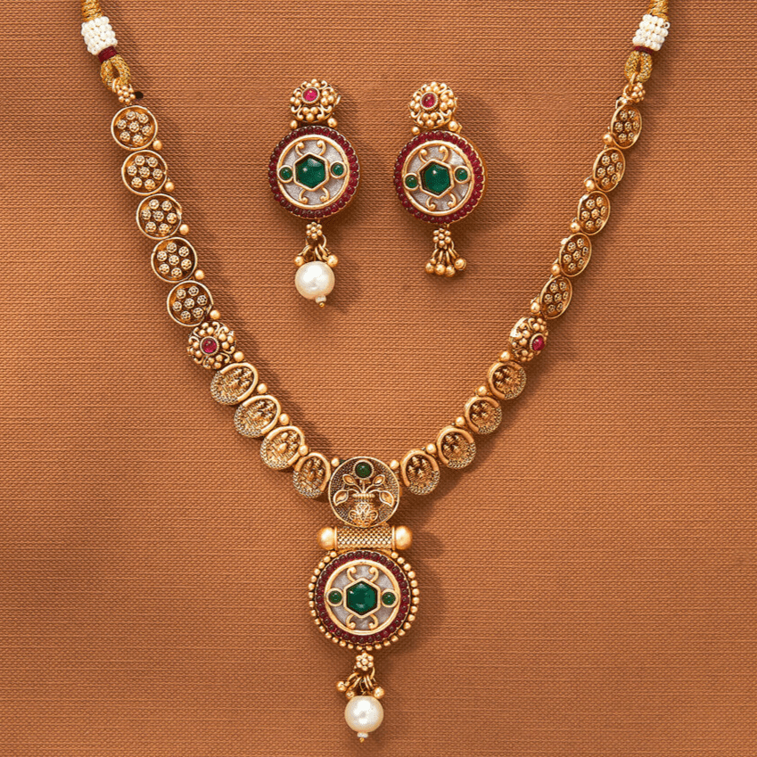 Beruzu - Ornate Enamel Work, Green Stones Embellishments Gold - Plated Necklace Set - Beruzu