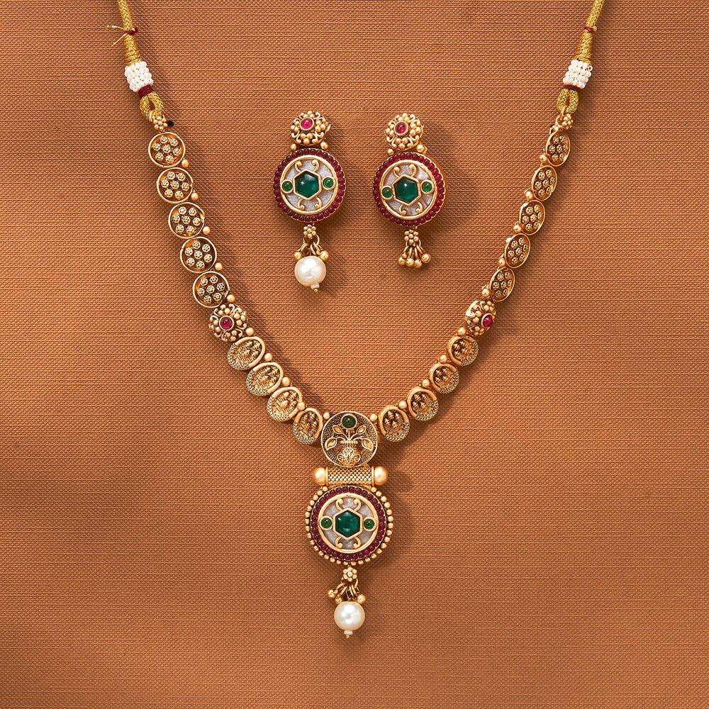 Beruzu - Ornate Enamel Work, Green Stones Embellishments Gold - Plated Necklace Set - Beruzu