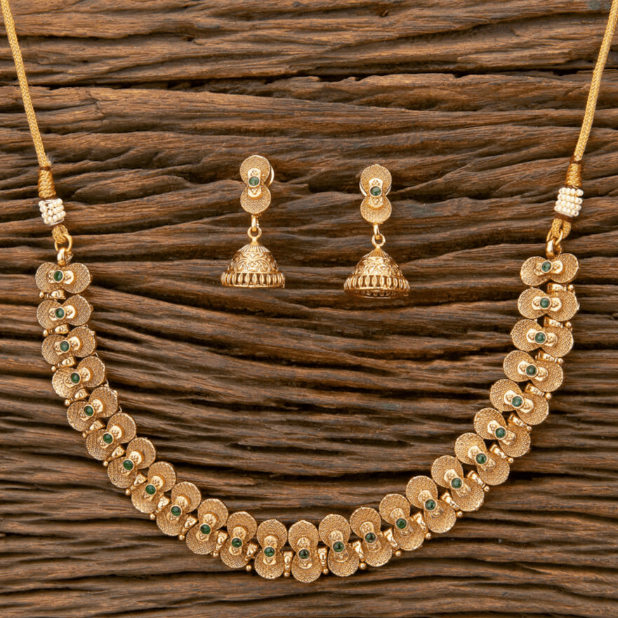 Beruzu - Ornate Leaf - Inspired Motifs and Jhumka Earrings Gold - Plated Necklace Set - Beruzu