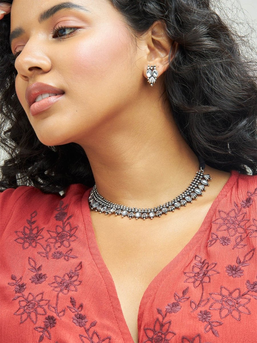 Beruzu - Oxidized Silver Finish Close Neck Necklace and Earring Set with Floral and Crystal Accents - Beruzu Fashion