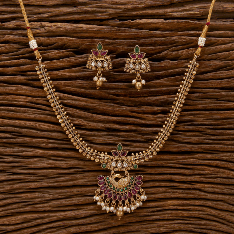 Beruzu - Peacock Motif Necklace Set with Enamel Detailing and Pearl Drops Gold - Plated Necklace Set - Beruzu