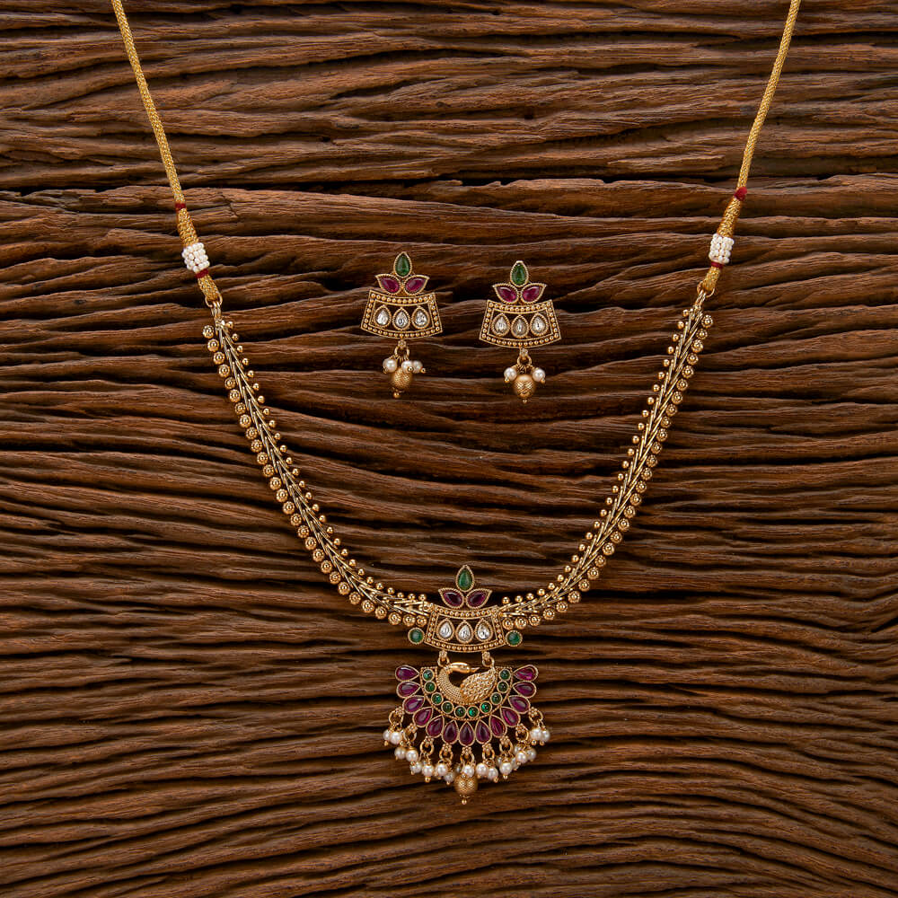 Beruzu - Peacock Motif Necklace Set with Enamel Detailing and Pearl Drops Gold - Plated Necklace Set - Beruzu