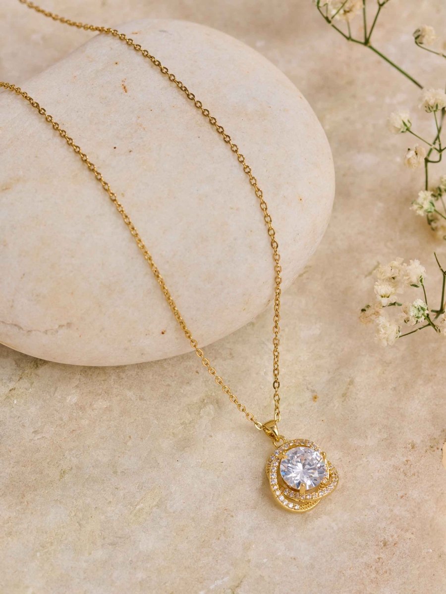 Beruzu Radiant Solitaire Crystal Pendant Gold Necklace - Beruzu