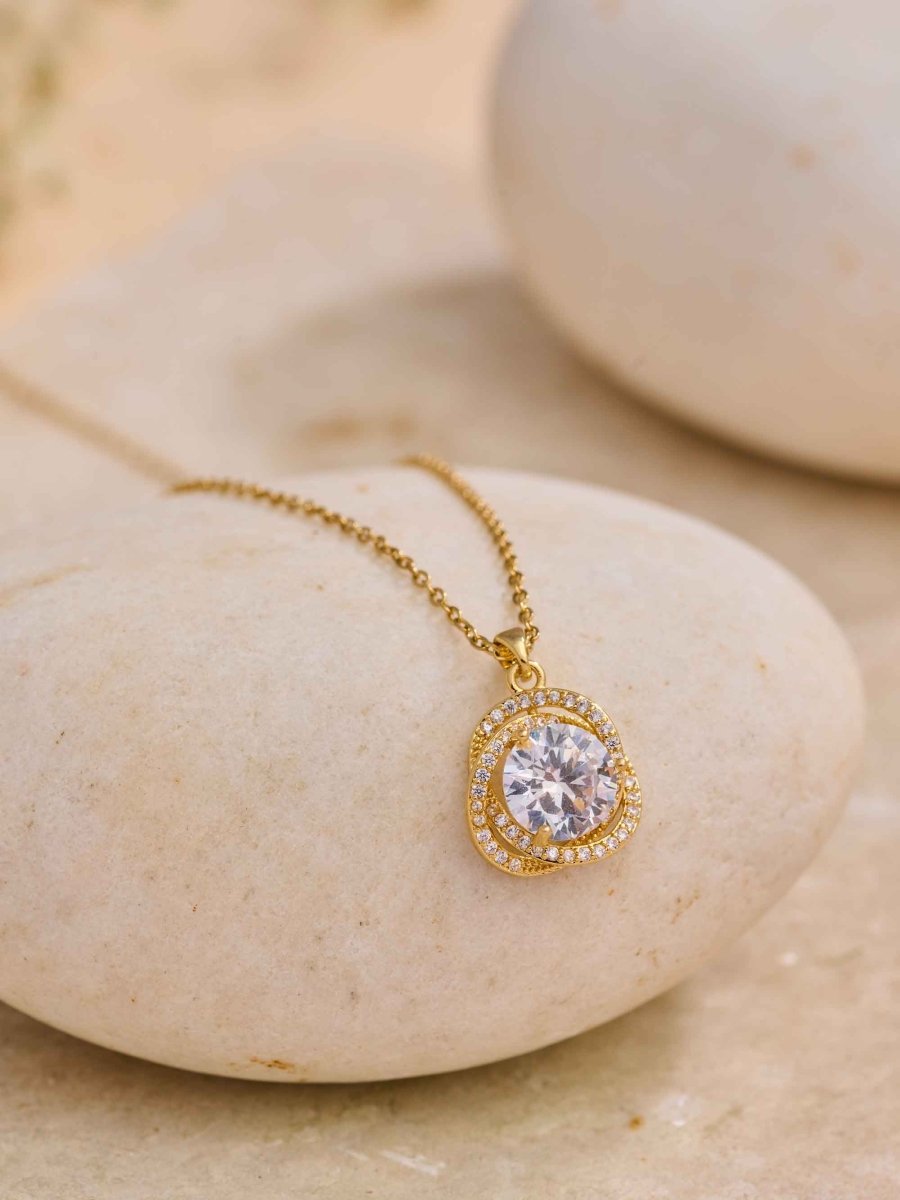 Beruzu Radiant Solitaire Crystal Pendant Gold Necklace - Beruzu