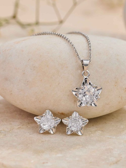 Beruzu Radiant Starburst Silver Pendant Chain Earring Set - Beruzu