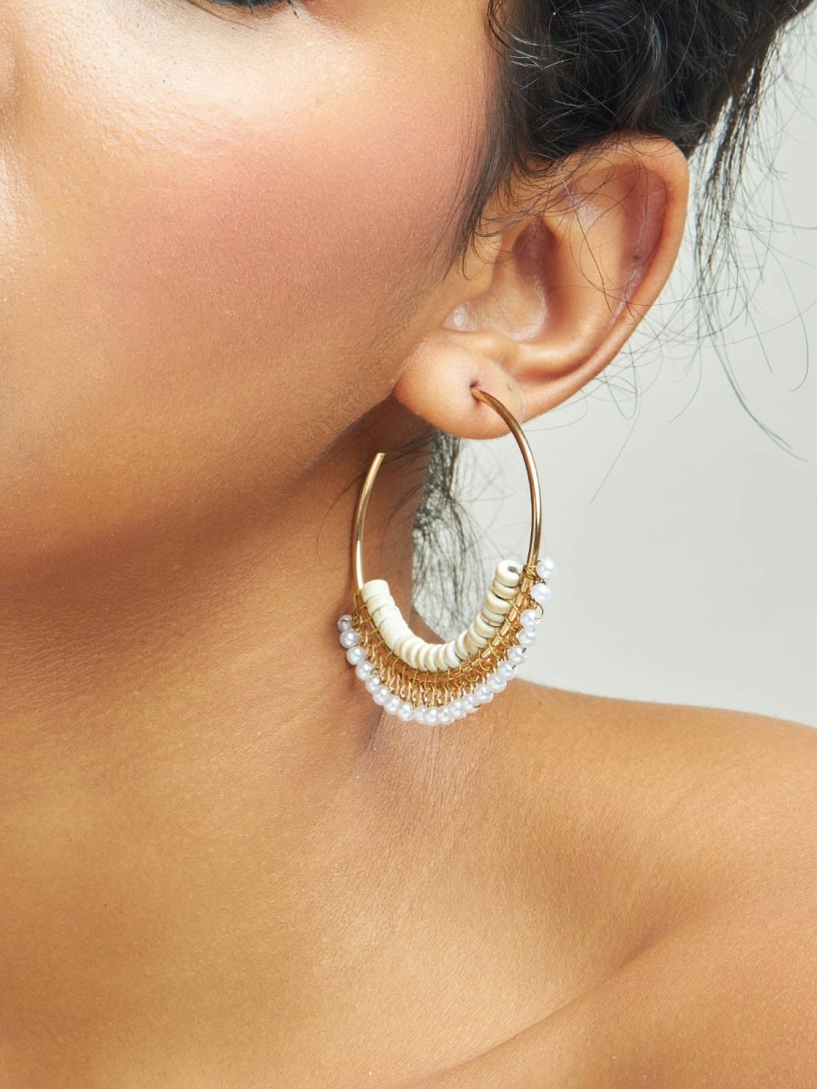 Beruzu - Regal Crown Hoop Earrings in Gold with Pearl-Like and Color Bead Accents - Beruzu Fashion