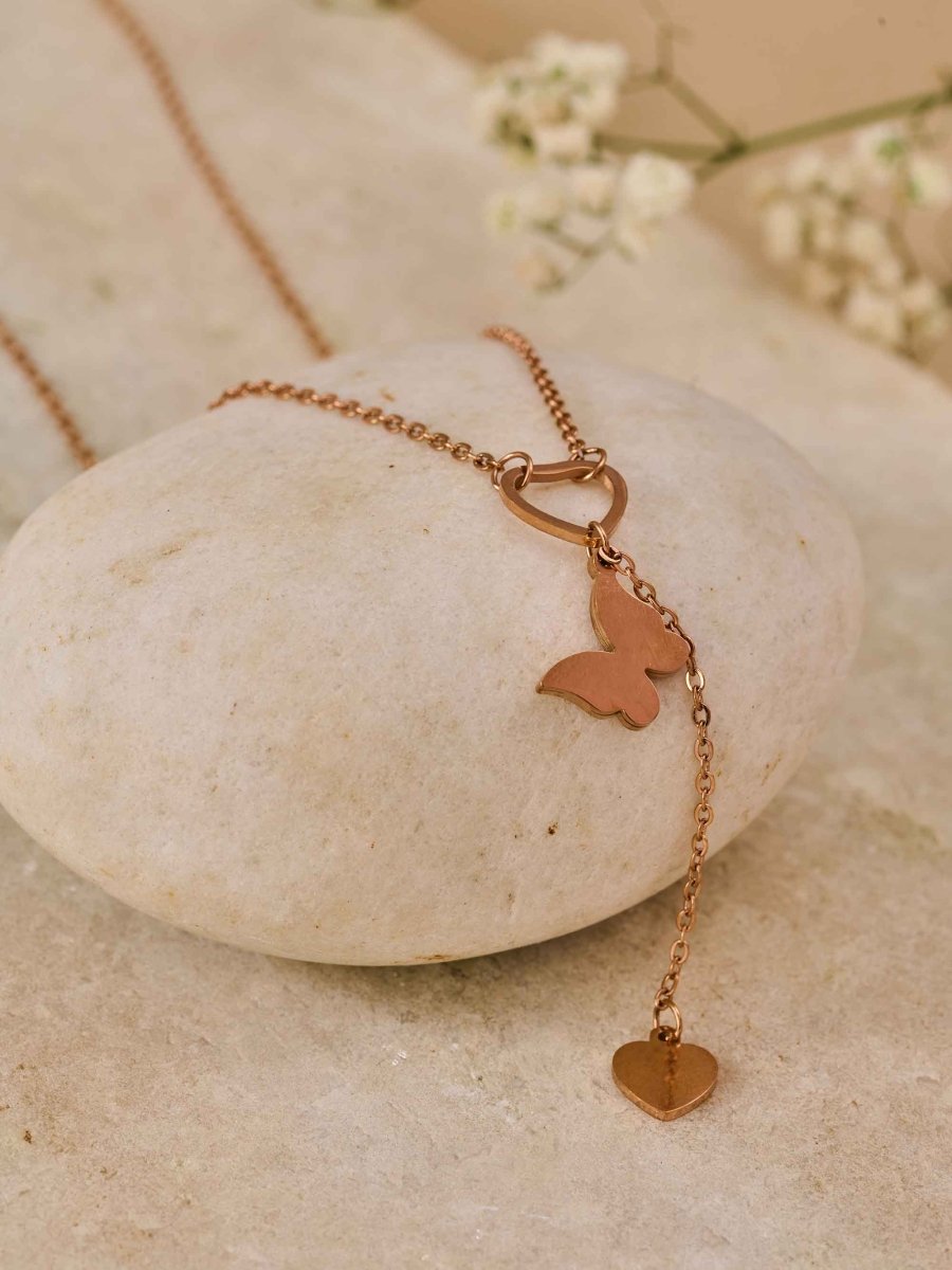 Beruzu Rose Gold Butterfly and Heart Pendant Necklace - Beruzu