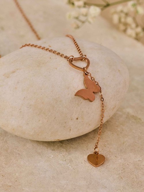 Beruzu Rose Gold Butterfly and Heart Pendant Necklace - Beruzu