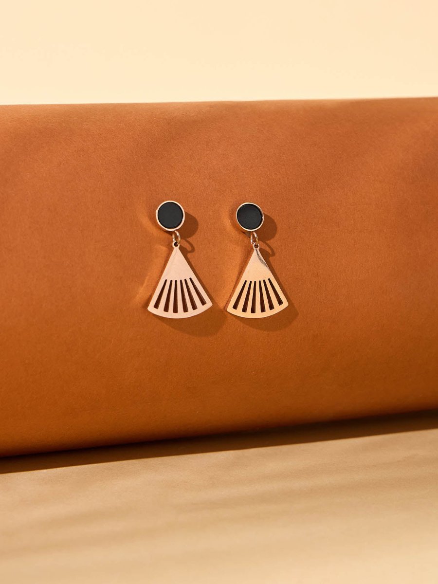 Beruzu - Rose Gold Fan-Inspired Drop Earrings with Black Enamel Accents