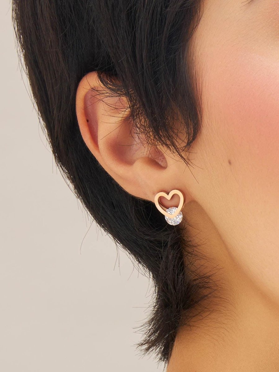 Beruzu - Rose Gold Hollow Heart Earrings with Crystal Embellishments - Beruzu Fashion