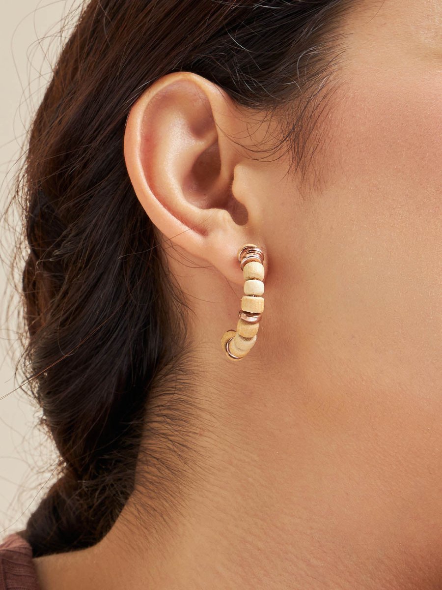 Beruzu - Rose Gold Hoop Earrings with Wood and Gold Disc Bead Accents - Beruzu Fashion