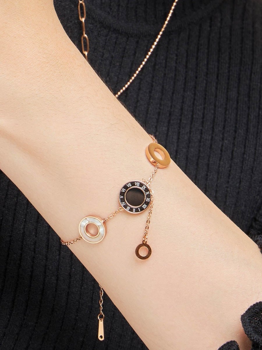 Beruzu - Rose Gold Plated Bracelet with Enamel Pendants and Roman Numeral Accents - Beruzu Fashion