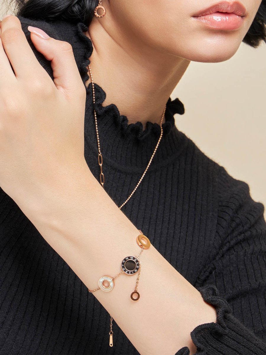 Beruzu - Rose Gold Plated Bracelet with Enamel Pendants and Roman Numeral Accents - Beruzu Fashion