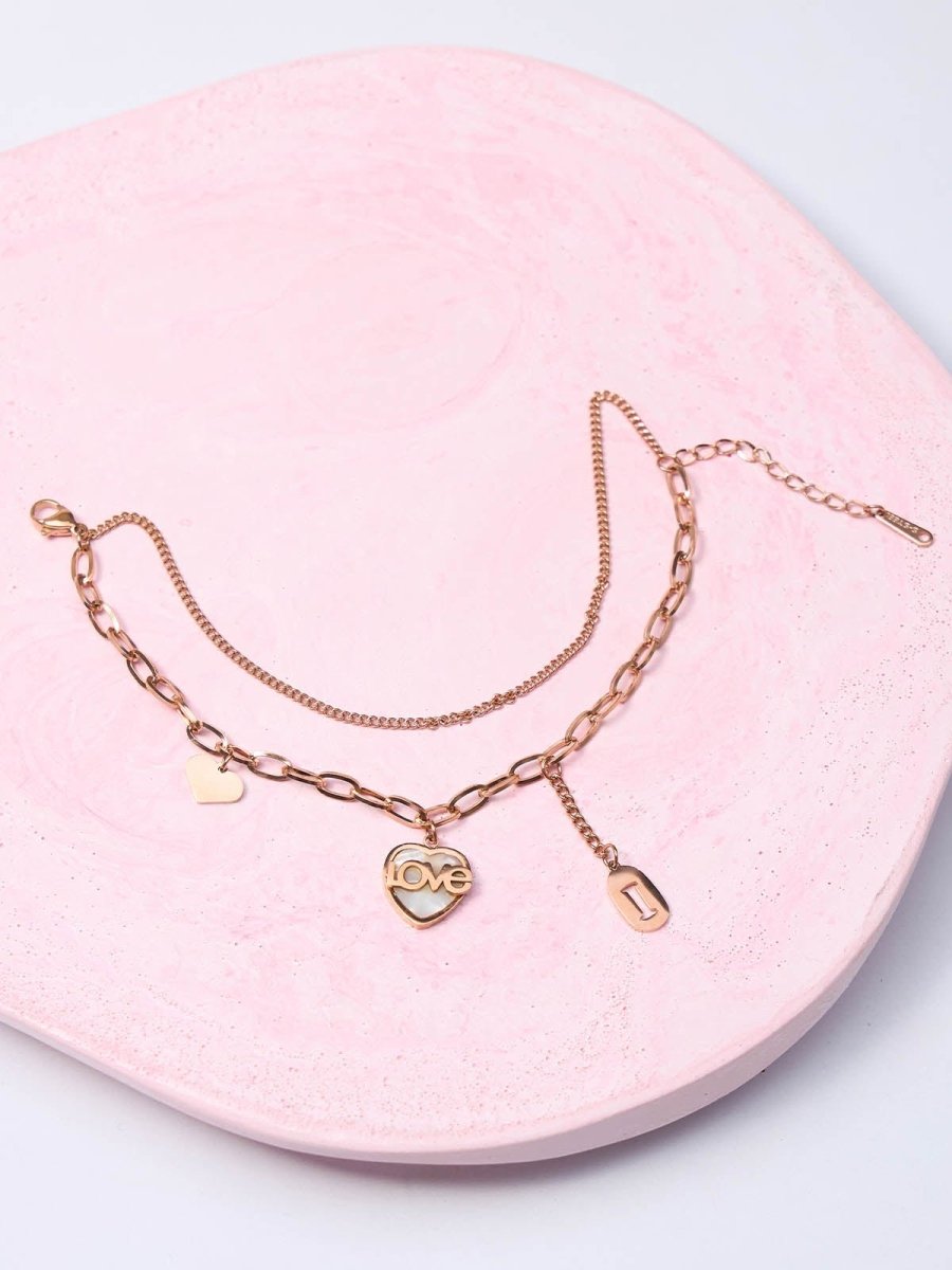 Beruzu - Rose Gold Plated Dual Chain Love Bracelet with Charms