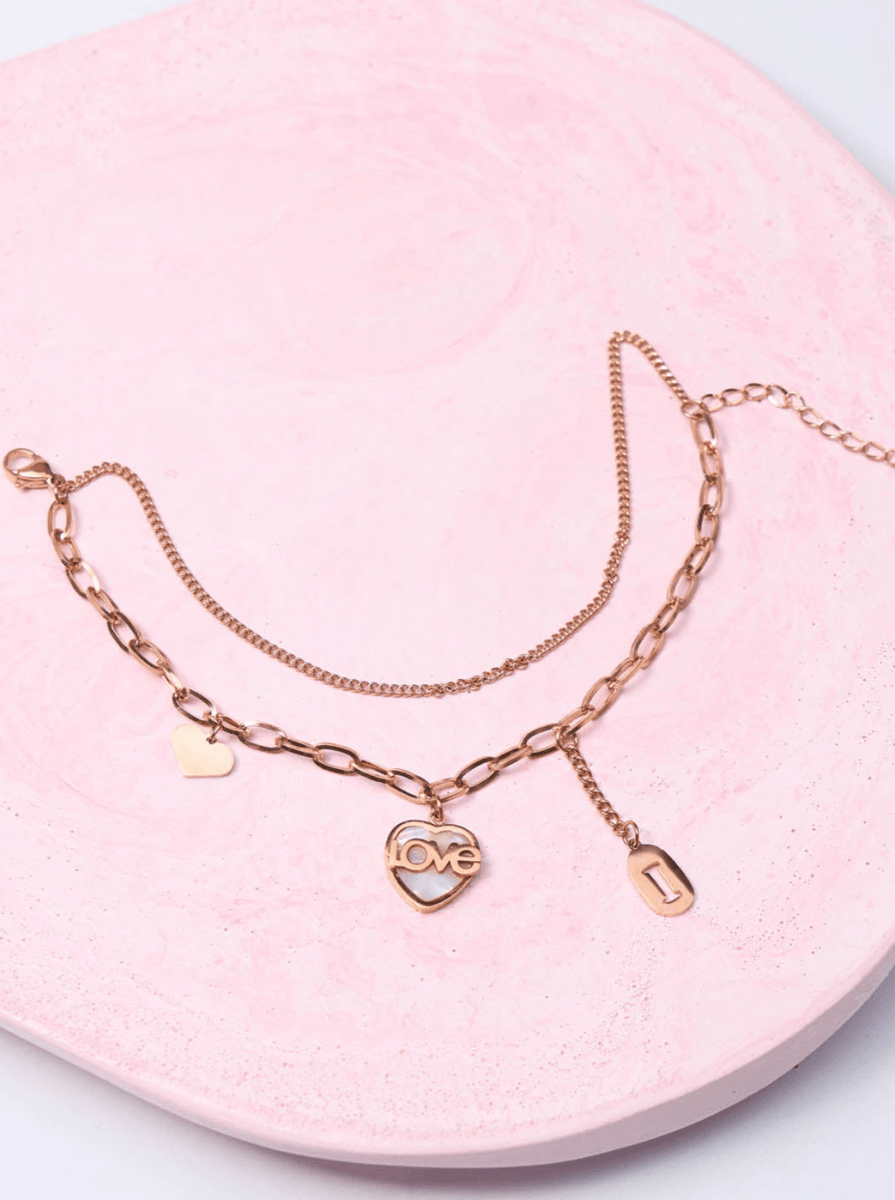 Beruzu - Rose Gold Plated Dual Chain Love Bracelet with Charms