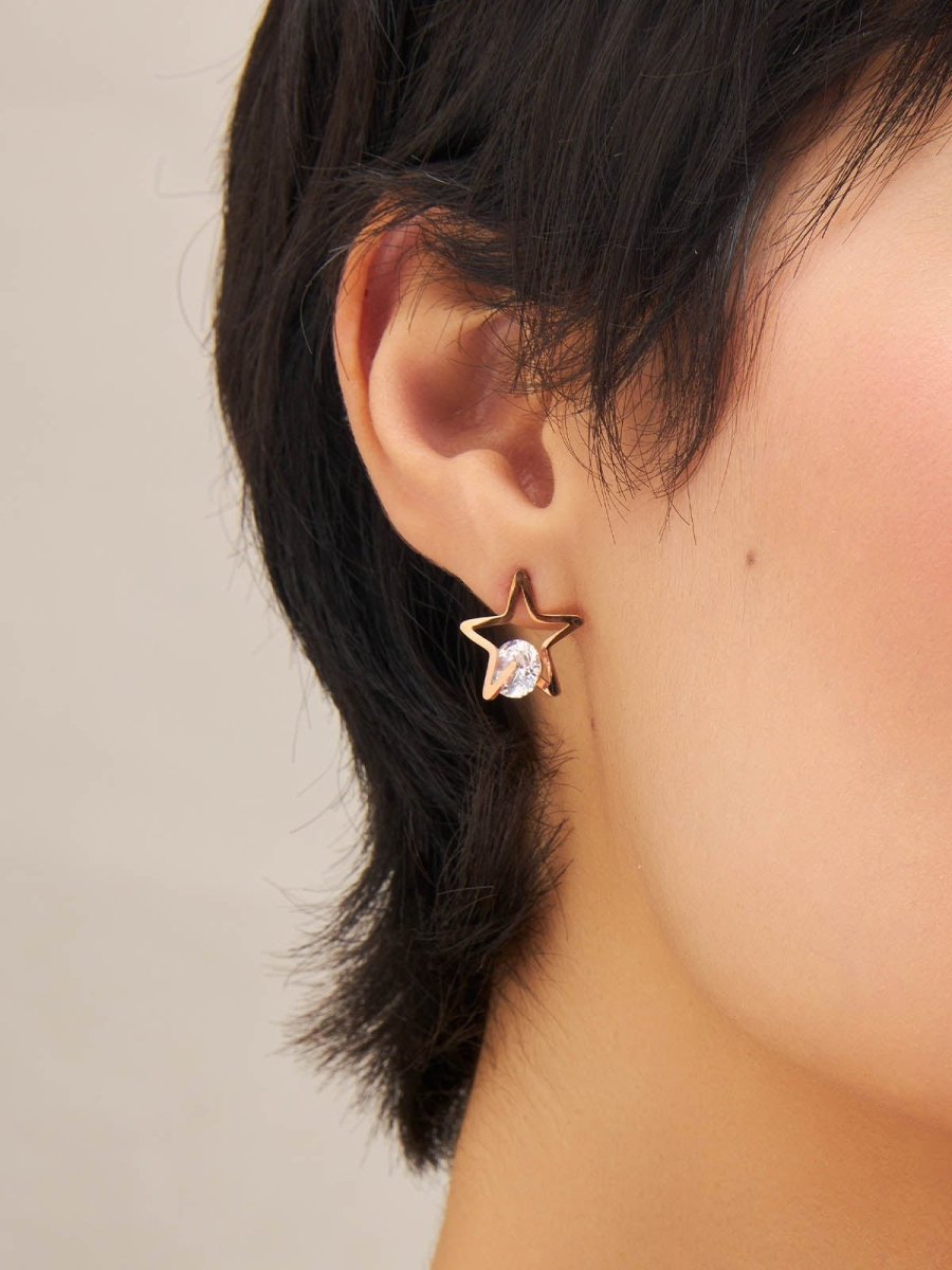 Beruzu - Rose Gold Star Stud Earrings with Central Diamond Accent - Beruzu Fashion