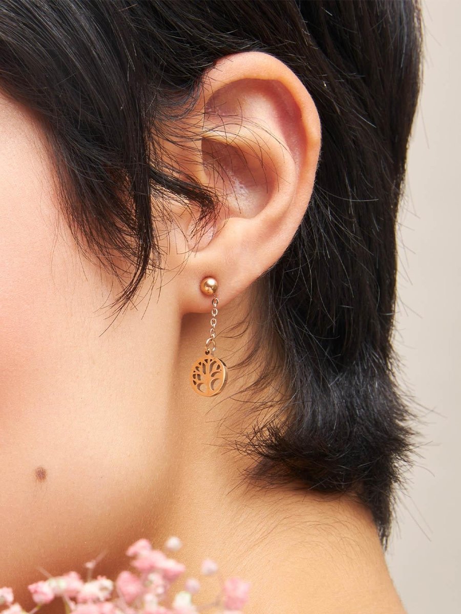 Beruzu - Rose Gold Tree of Life Drop Earrings with Link Chain Detail - Beruzu Fashion